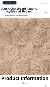 Detail shot of plush checkered makeup bag showing soft fabric texture and beige pattern