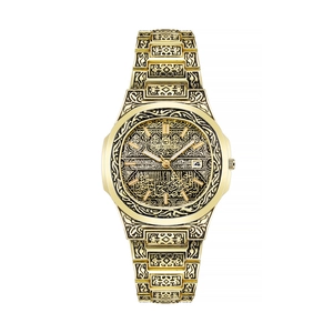 Vintage bronze-tone steel calendar watch for men featuring intricate carved floral patterns