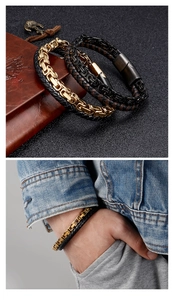 Detail of men's braided leather bracelet with stainless steel chain and magnetic clasp