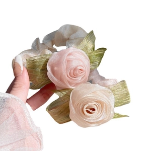 Chic pink mesh rose hair scrunchie with green leaves for high ponytail hairstyles
