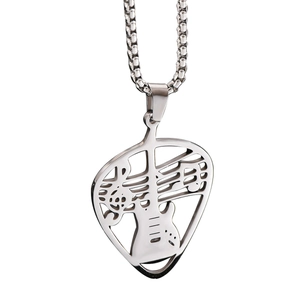 Polished stainless steel guitar pick necklace with music note engraving on white background