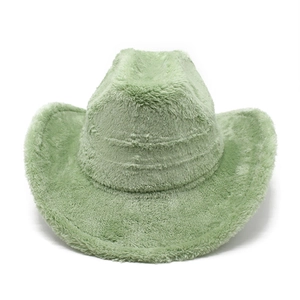 Détail de la texture en fausse fourrure douce et du large bord de ce chapeau de cowboy vert clair