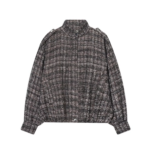 Women Tweed Bomber Jacket Metallic Thread Woven Stand Collar Zipper Long Sleeve Elegant Mixed Color Outerwear