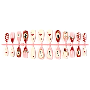 24pcs almond press-on nails with retro Alice wonderland patterns and gold 3D charms