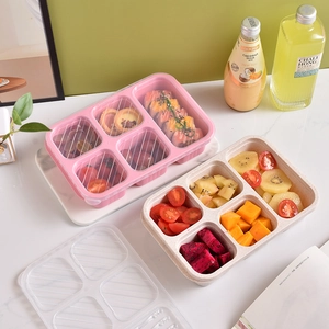 Eco-friendly wheat straw 5-compartment lunch box with transparent lid for portion control