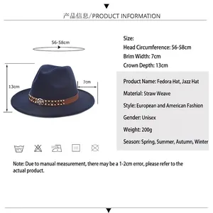 Classic dark blue jazz hat with leather band and metal buckle detailing for men and women