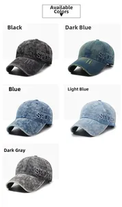 Collage of five distressed washed denim baseball caps with SPORT embroidery in various colors
