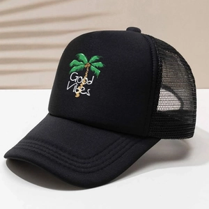 Detail of black trucker hat with mesh back and coconut tree print with Good Vibes text