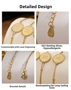 Detail of S925 sterling silver gold bracelet with laser engraved letter charms and clasp