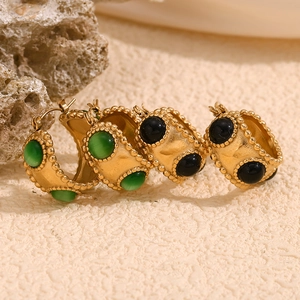 Vintage C Shape Hoop Earrings 18K Gold Plated Stainless Steel With Natural Stone Agate Bead Edge Geometric For Women