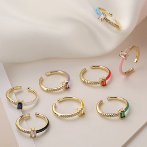 Colorful enamel 18K gold plated rings with rectangular zircon and adjustable band