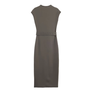 Detail of V-neck midi dress featuring functional buttons and a matching waist belt