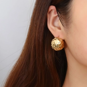 Chic 18K gold plated hollow spherical earrings with hammered texture for women