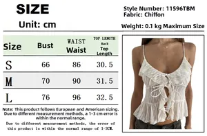 Size guide for white chiffon sleeveless crop top featuring halter ties and ruffled details