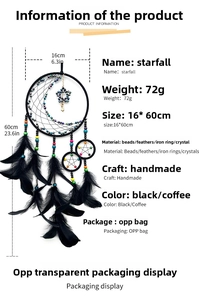 Detail of handmade dream catcher with black feathers and dimensions 16cm by 60cm