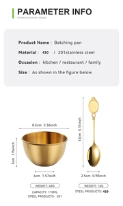 Detailed size specifications for gold stainless steel 170ml sauce bowl and spoon set