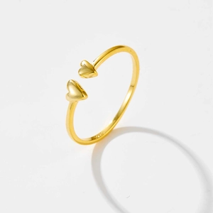 Minimalist S925 sterling silver open ring with dual heart accents in golden finish