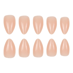 Glossy nude pink short almond press-on nails set with polished smooth finish on white background