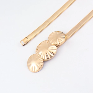 Detailed macro view of gold metal elastic belt with floral sunburst buckle on white background