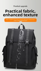 Detailed view of the water-resistant fabric with droplets on black backpack surface
