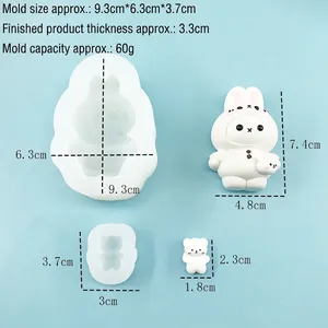 DIY silicone molds for rabbit and bear shapes, including dimensions and finished crafts