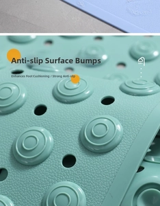 Close-up of turquoise bathroom mat with non-slip bumps and drainage holes for safety