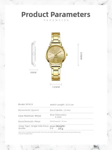 Detailed technical specifications for golden quartz watch with 30mm metal dial and link strap