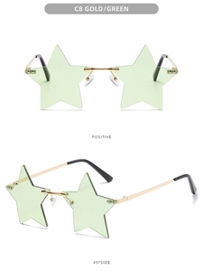 Close-up of star-shaped green sunglasses with gold frames from front and side angles