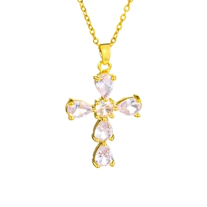 Luxurious gold cross pendant necklace featuring sparkling teardrop zircon crystals for women