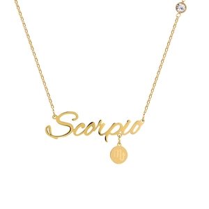 Detailed view of Scorpio script pendant with gold finish, zodiac charm and sparkling zircon