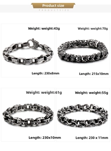 Detailed product size guide for stainless steel skull bracelets showing weight and dimensions