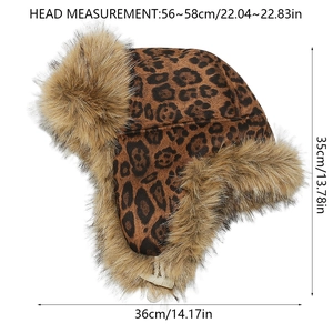 Detailed dimensions of leopard print aviator hat with faux fur trim and pom-pom