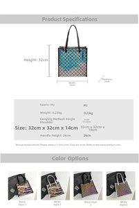Detailed size chart and specifications for geometric pattern PU leather tote bag