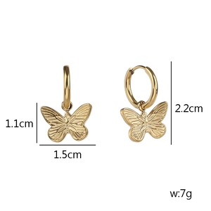 Gold titanium steel butterfly drop earrings with circular hoop and size dimensions