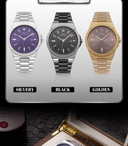 Detailed close-up of quartz watches with octagonal bezels and steel straps in three colors