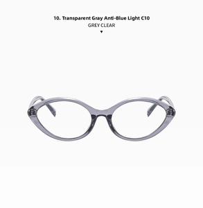 Detail of transparent grey cat-eye frames with anti-blue light clear lenses