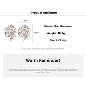 Detailed view of rhinestone flower earrings with alloy material specs and 6.5x4.5cm size