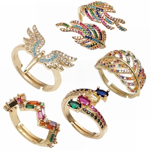 Colorful Cubic Zirconia Open Adjustable Rings 18K Gold Plated Copper Wing Flower Leaf Shape Fashion Jewelry Women