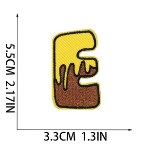 Detailed size view of yellow bee themed letter E embroidery patch with 5.5cm height scale