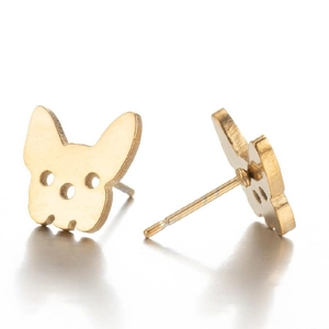 Macro view of gold French Bulldog hollow earrings showing stud posts and metal texture