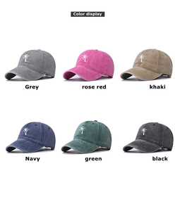 Color display of washed cotton baseball caps with coconut tree embroidery in six colors
