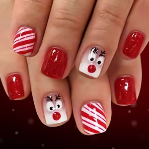 Faux Ongles De Noël Motif Renne Paillettes Rouges Rayures Sucre D'Orge Brillants Carrés Ronds Pour Femmes Filles