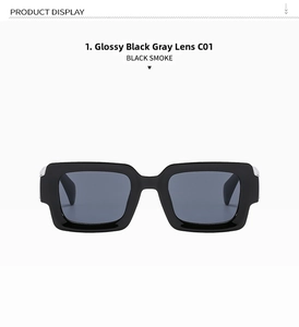 Detail view of square frame sunglasses in glossy black with grey lenses, model C01