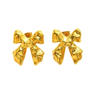 Elegant 18K gold plated stainless steel bow stud earrings with a molten metal design