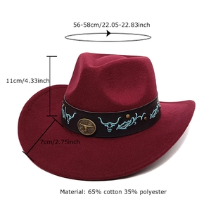 Chapeau de cowboy en feutre bordeaux avec boucle de tête de bétail vintage et mesures