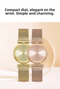 Close-up of gold and rose gold mesh strap watches with minimalist dial and jewel detail