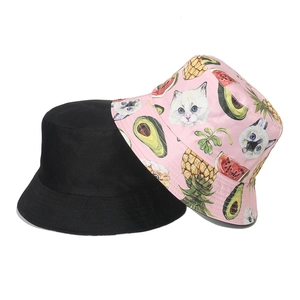 Women's cotton bucket hats set featuring solid black and cute cat fruit prints