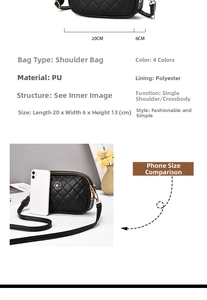 Detail view of black quilted PU leather crossbody bag showing its 20cm x 6cm x 13cm dimensions