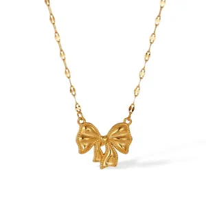 Bow Pendant Necklace Stainless Steel Elegant Ins Style Textured Ribbon Clavicle Chain For Women