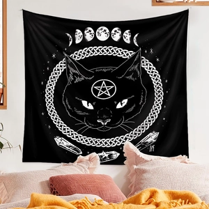Detail view of polyester cat tapestry with moon phases and mystical celtic symbols